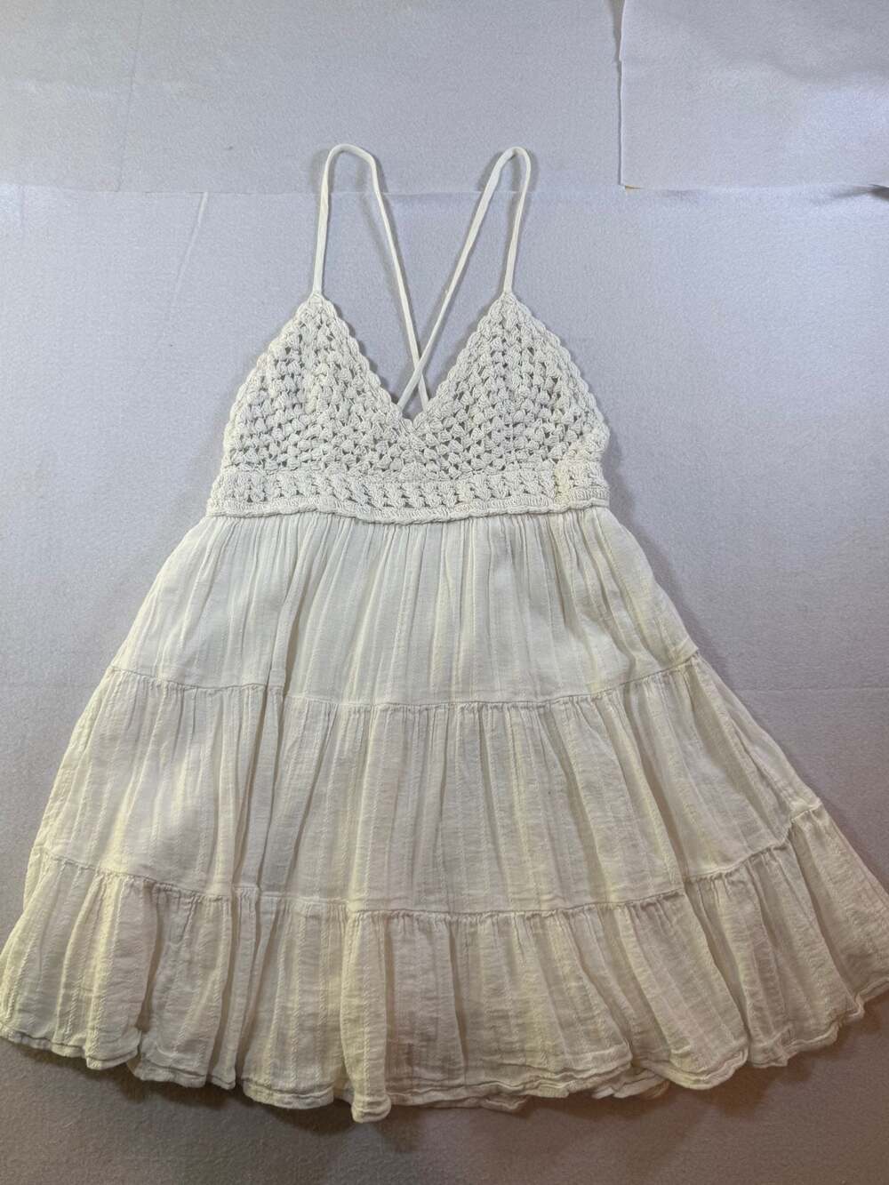 Aerie White Textured Crochet Babydoll Mini Sundress